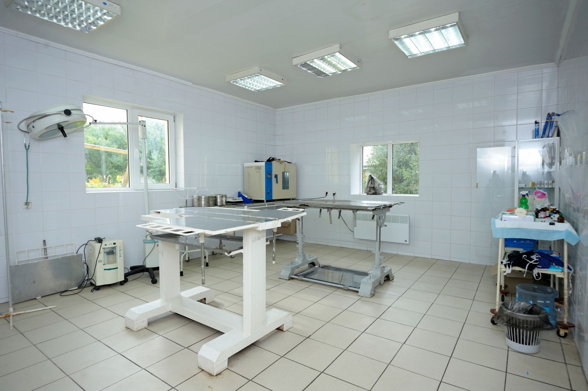Bright sterile veterinary exam room with white tiled walls, exam tables, and medical equipment