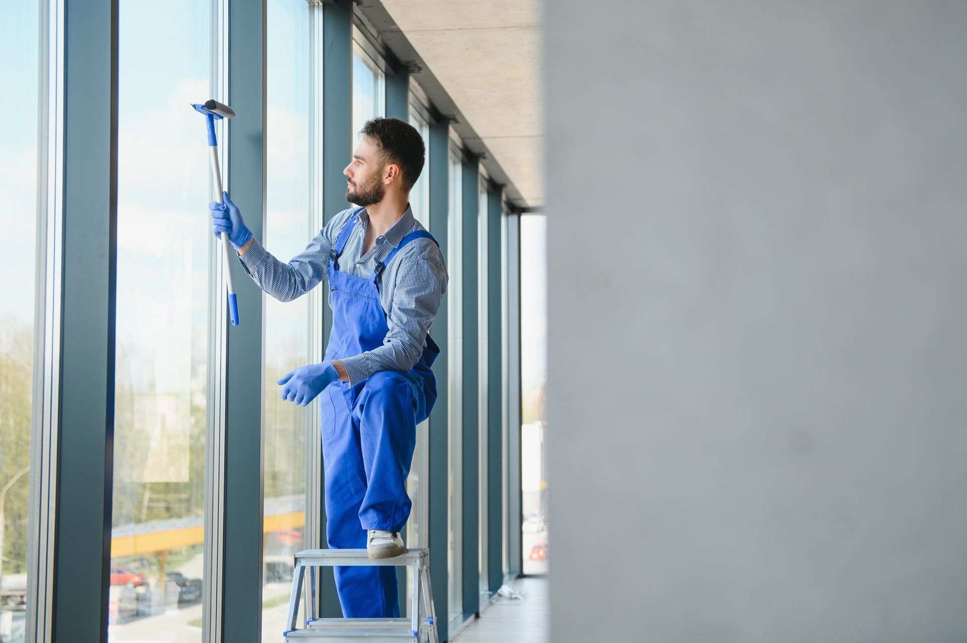 Worker in blue coveralls washing tall windows while standing on a step ladder. Worker in blue coveralls washing tall windows while standing on a step ladder.