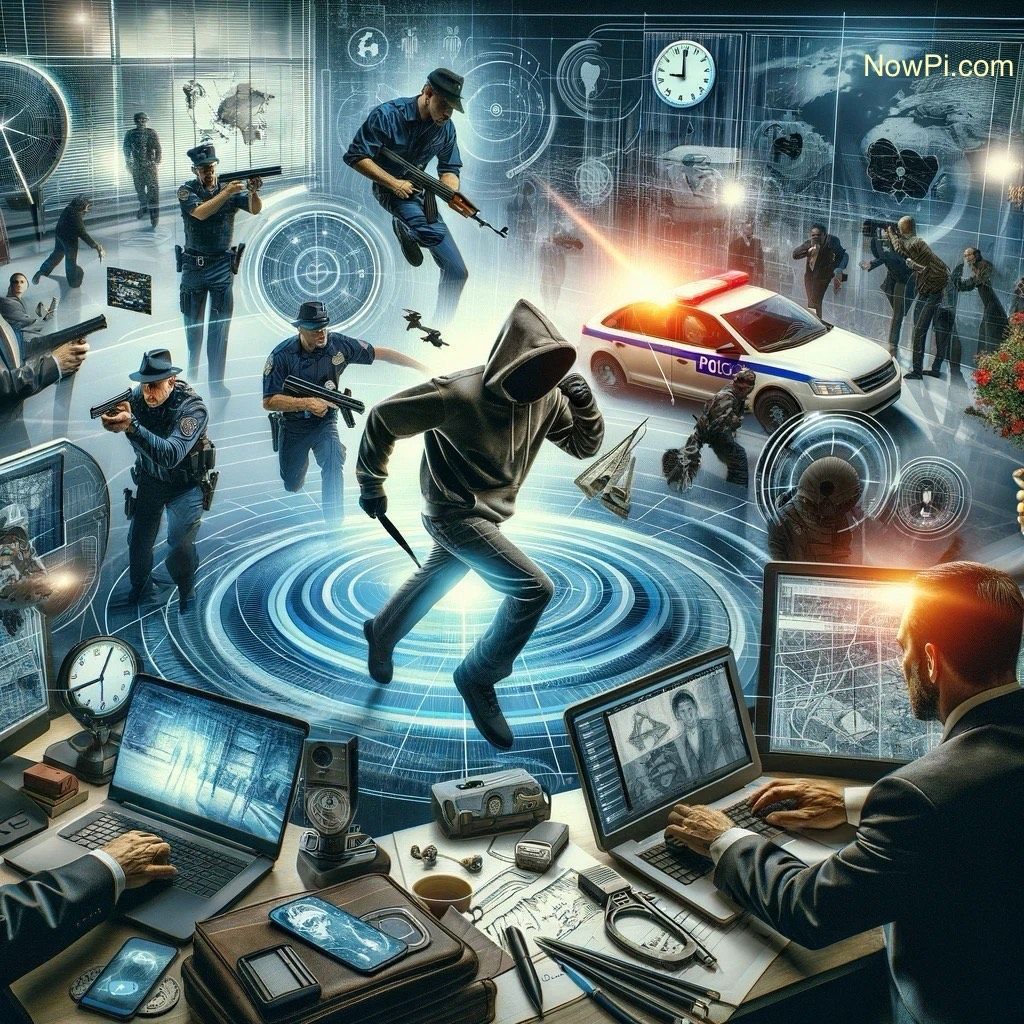AI image depicting a team of PIs and police officers chasing after a perpetrator