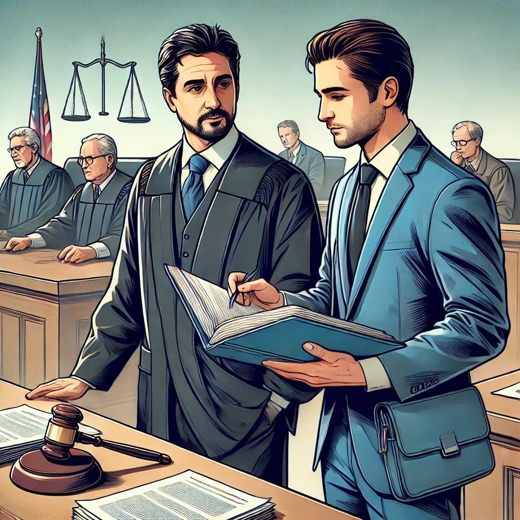 Michael Youssef standing in a courtroom, discussing evidence with an attorney.