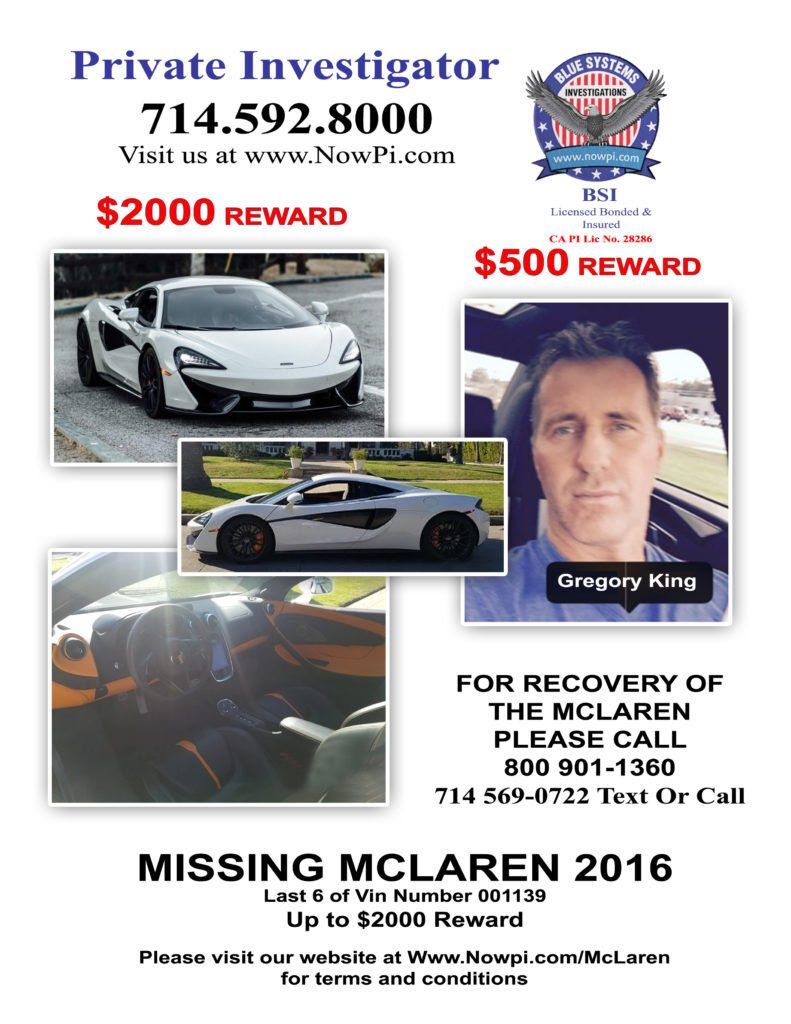 A poster for a private investigator for missing mclaren 2016