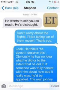 A screenshot of a text message between stephen and johnny