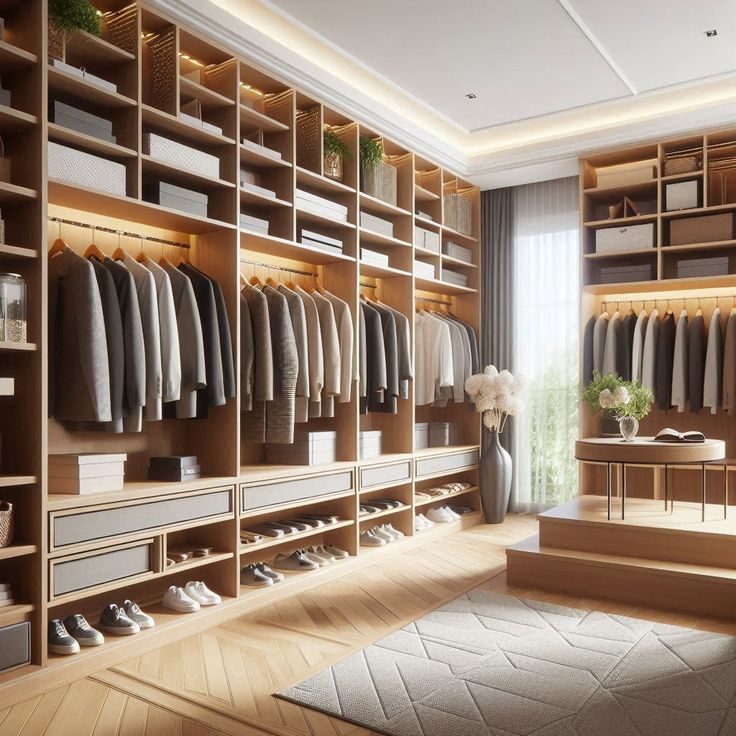 Spacious walk-in closet with custom built-in cabinets and shelving