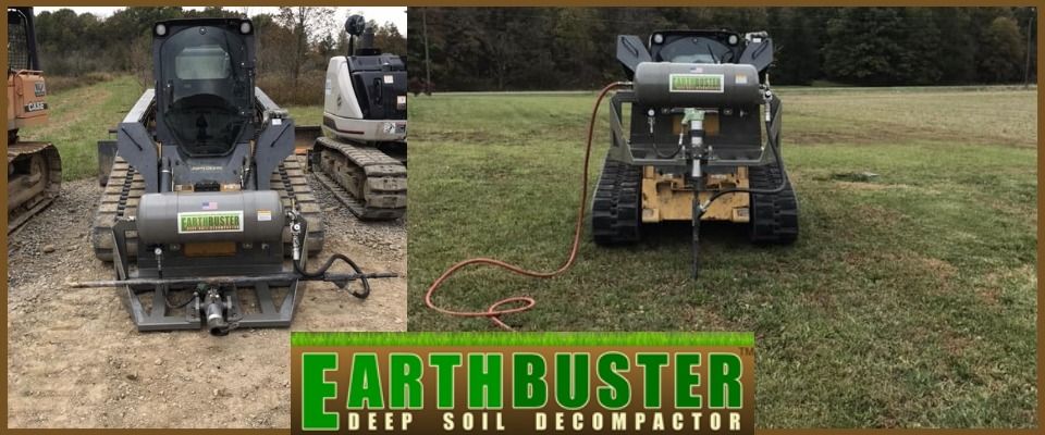 Earthbuster tractor attachment shown in front and rear views on grass, green logo text below