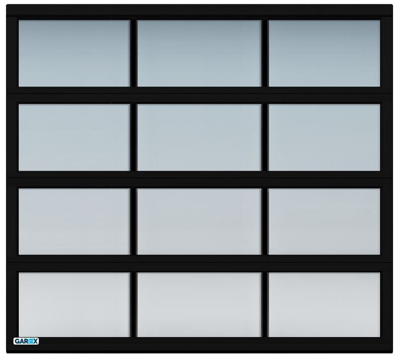 Fenêtre à cadre noir composée de 12 carreaux rectangulaires, reflétant un ciel bleu pâle.