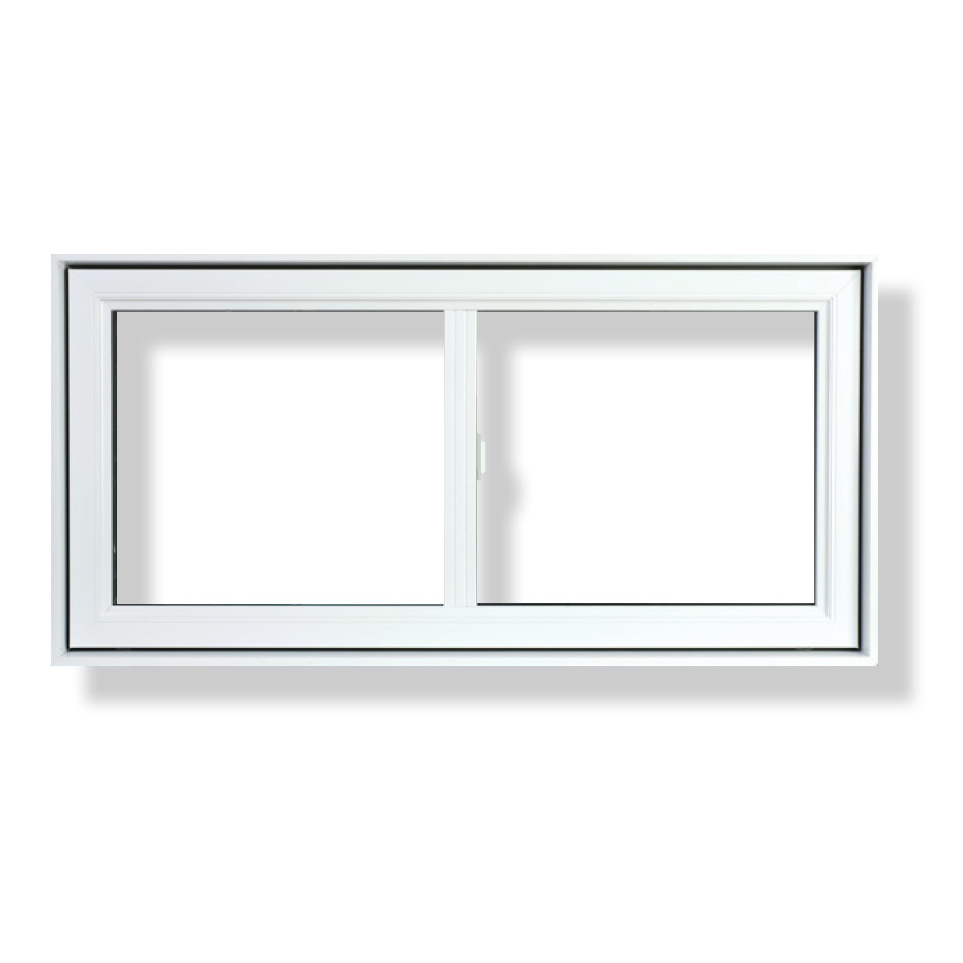 Fenêtre coulissante horizontale blanche à deux vantaux, sur un mur blanc.