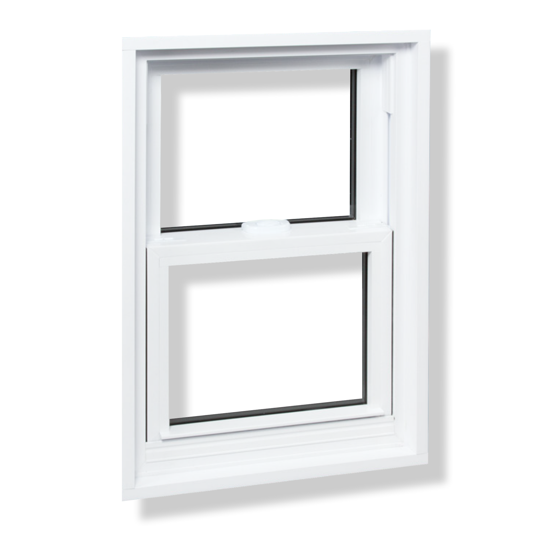 Fenêtre blanche à guillotine ; vitre inférieure partiellement ouverte.