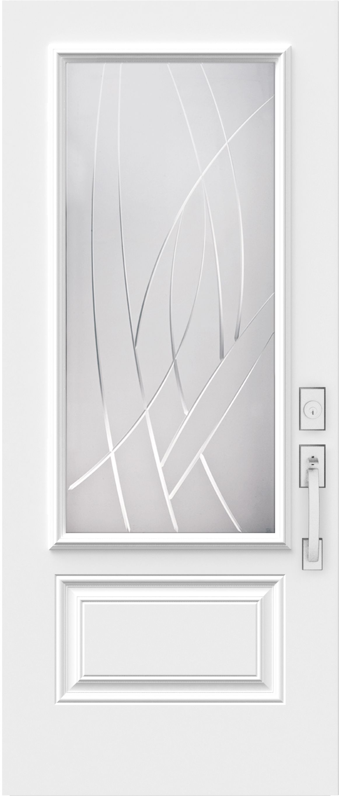 Porte d'entrée blanche avec verre dépoli et lignes argentées abstraites.