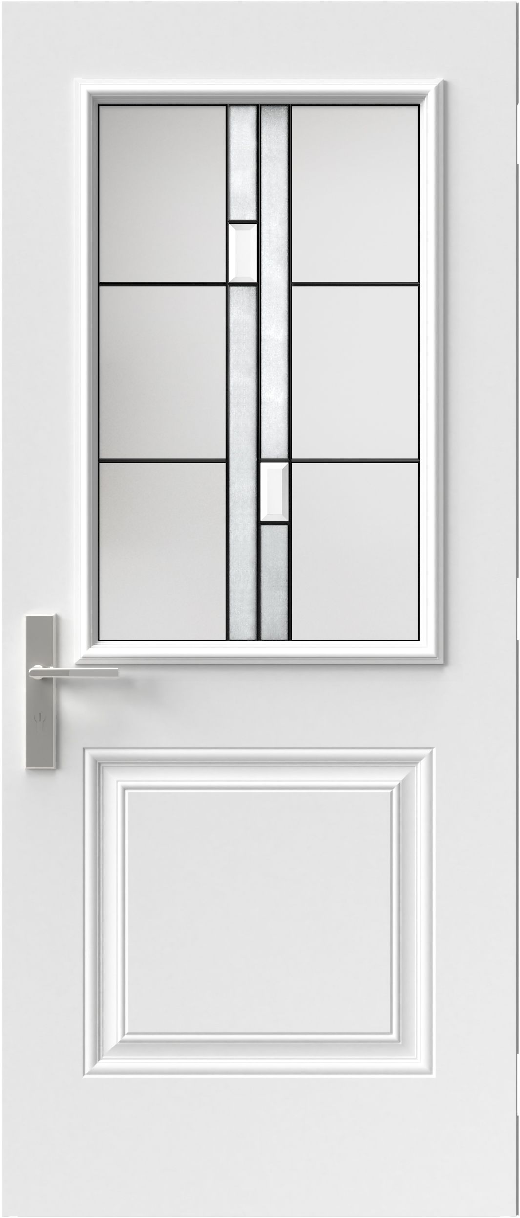 Porte d'entrée blanche avec panneau de verre et poignée.