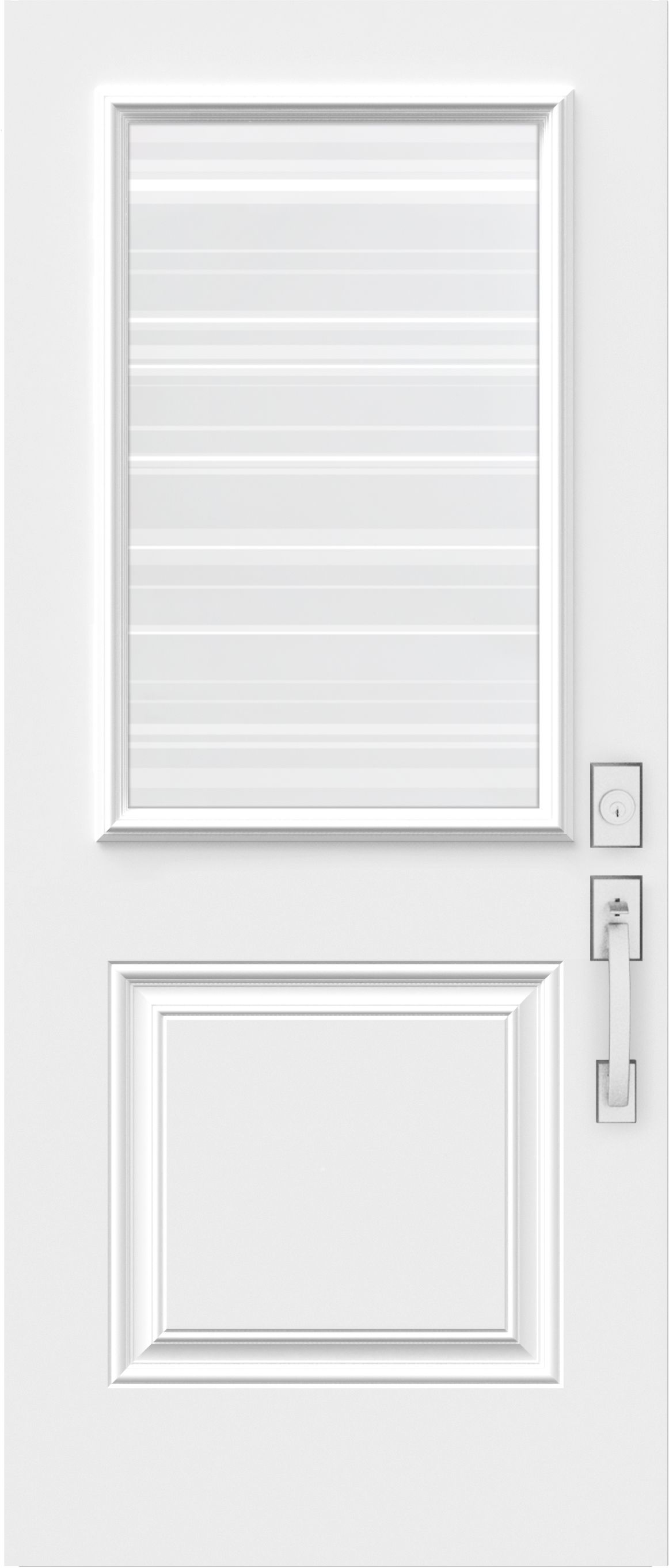 Porte d'entrée blanche avec une fenêtre en haut, un panneau rectangulaire en bas et une poignée de porte à droite.