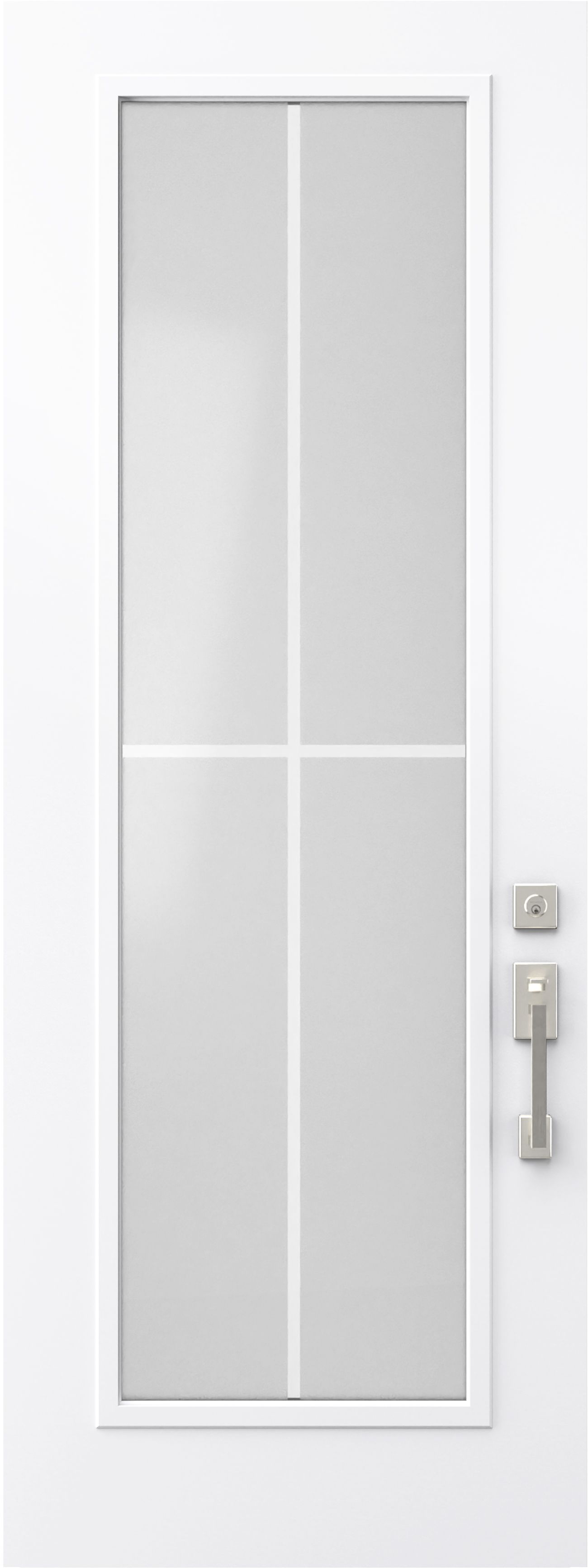 Porte blanche avec une fenêtre divisée en quatre sections par des barreaux blancs, une poignée et une serrure.