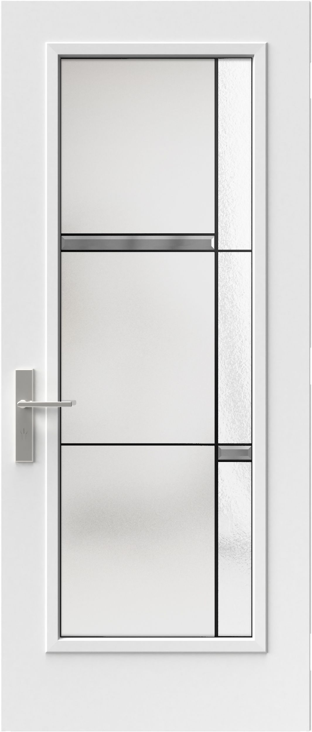 Porte extérieure blanche avec panneaux en verre dépoli et accents noirs, poignée argentée.