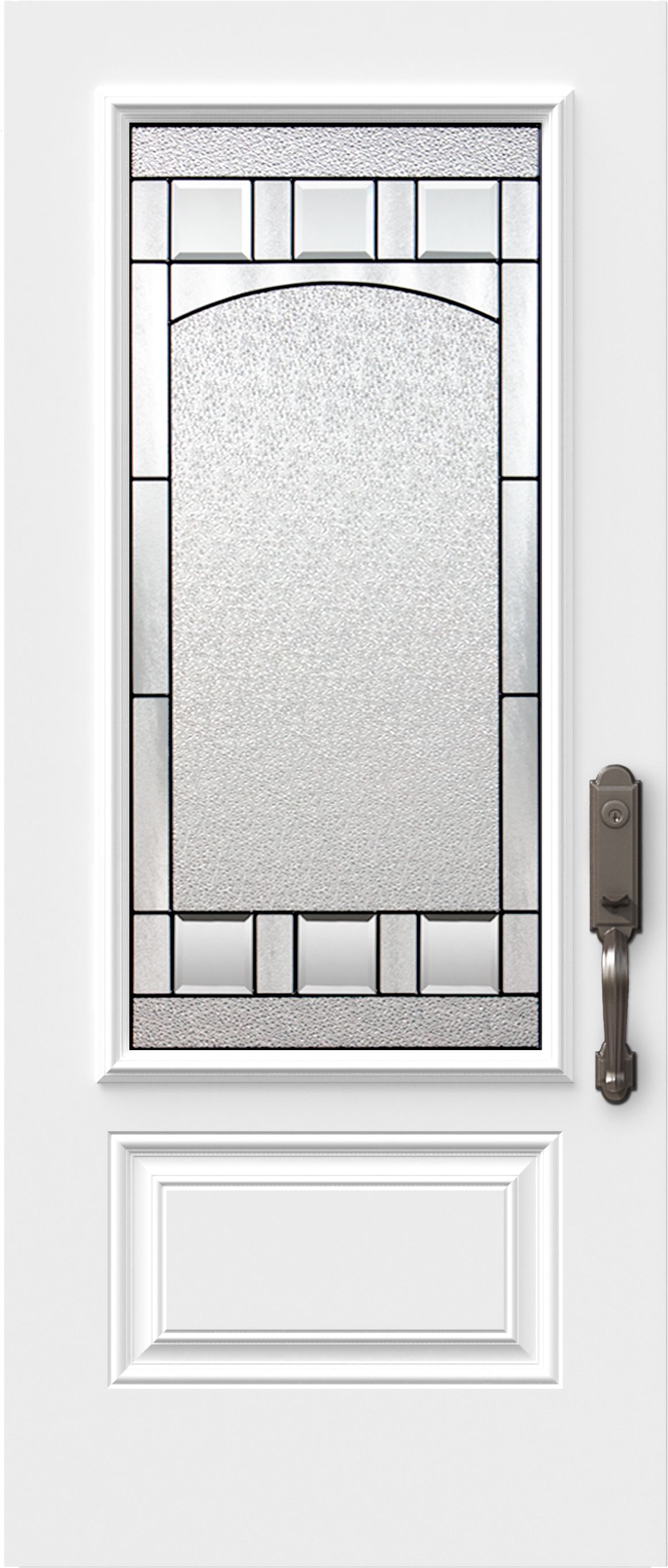 Porte d'entrée blanche avec un panneau vitré texturé et un panneau rectangulaire en dessous.