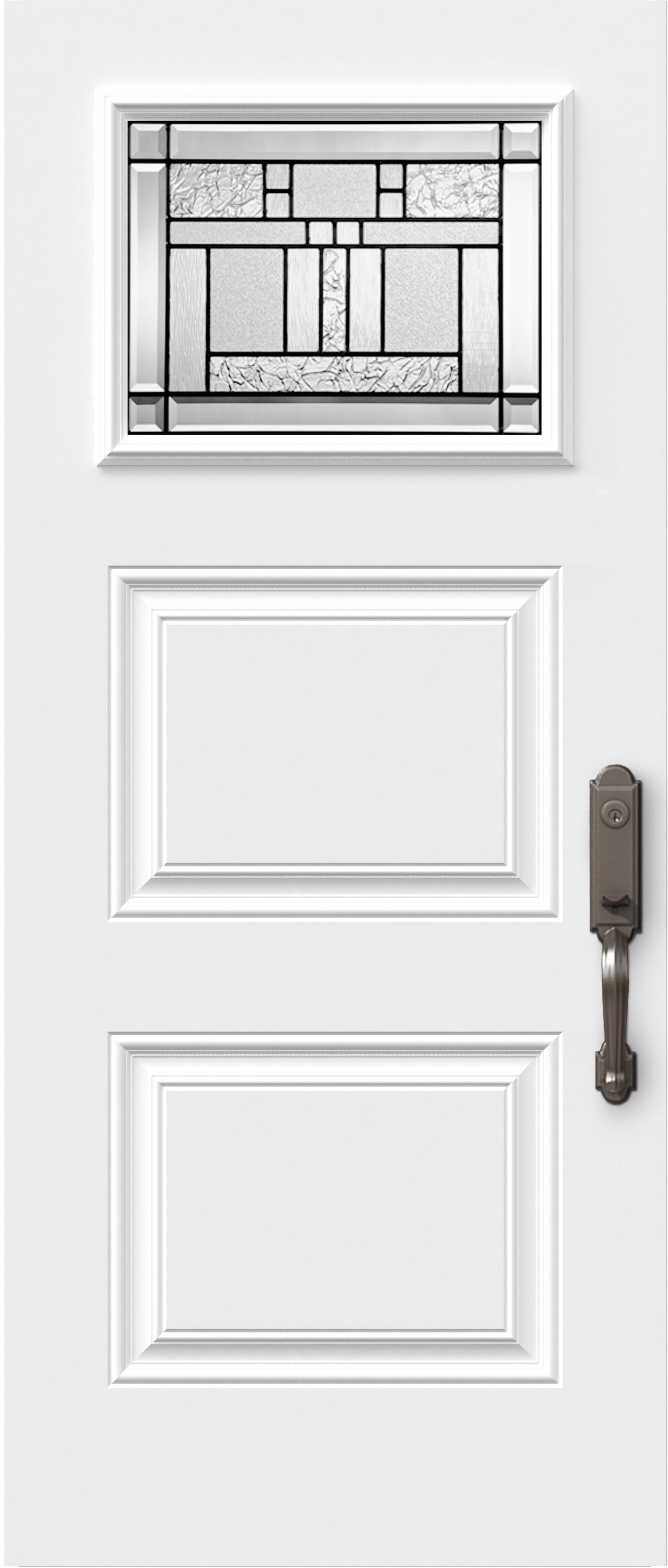 Porte blanche avec panneau de verre décoratif en partie supérieure, deux panneaux en relief en partie inférieure et quincaillerie en bronze.