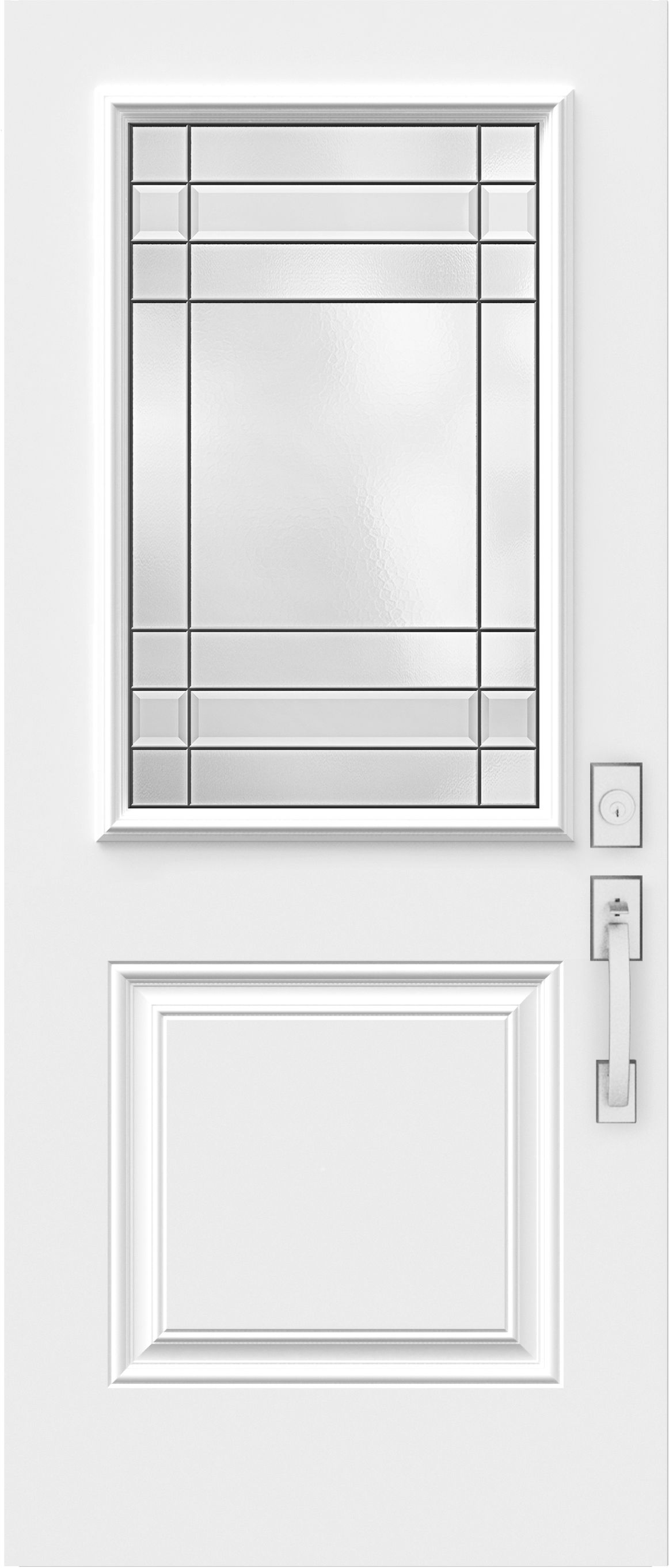 Porte d'entrée blanche avec fenêtre et panneau vitré rectangulaire, quincaillerie à droite.