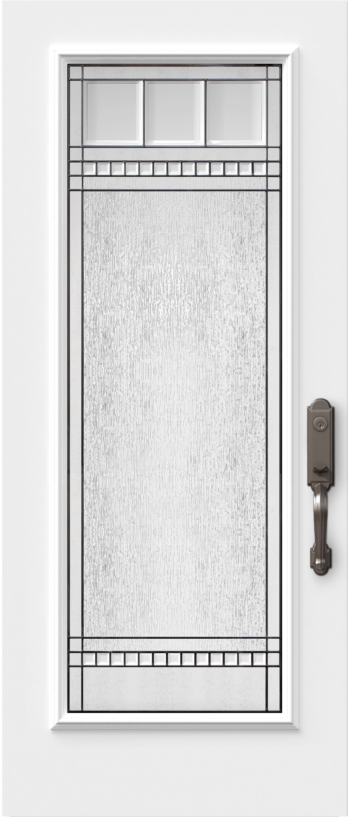 Porte d'entrée blanche avec une vitre texturée à motif rectangulaire et une poignée en bronze vieilli.