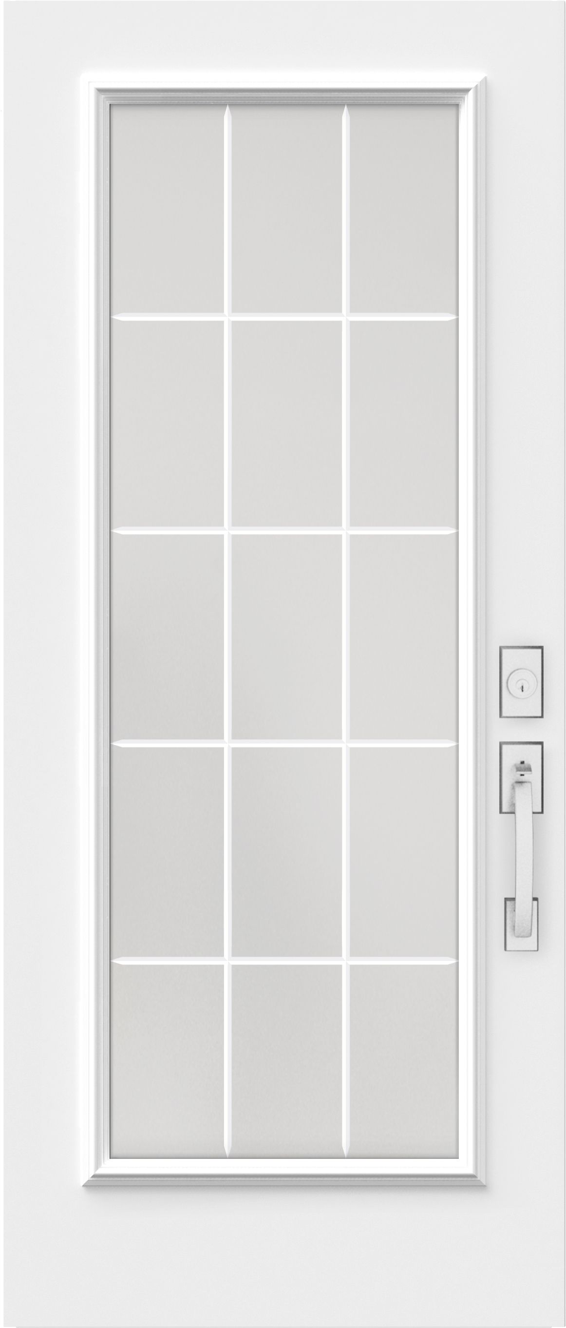 Porte d'entrée blanche avec fenêtre à carreaux et poignée.