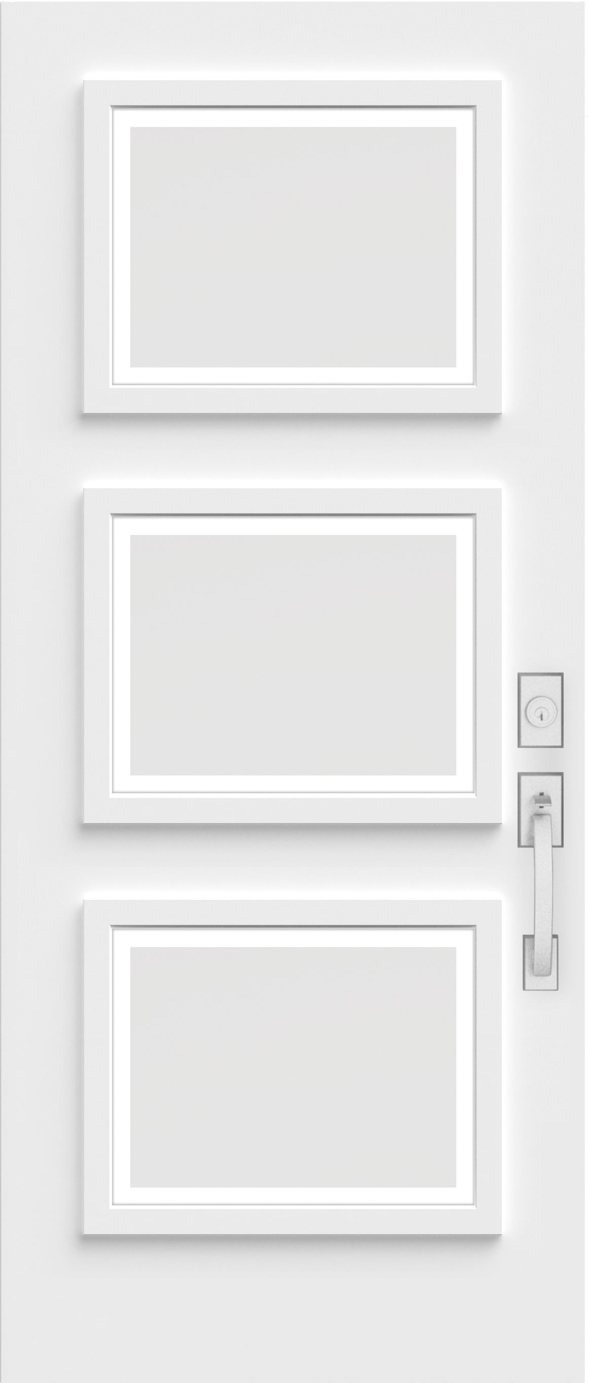 Porte d'entrée blanche avec trois fenêtres rectangulaires, poignée et serrure.