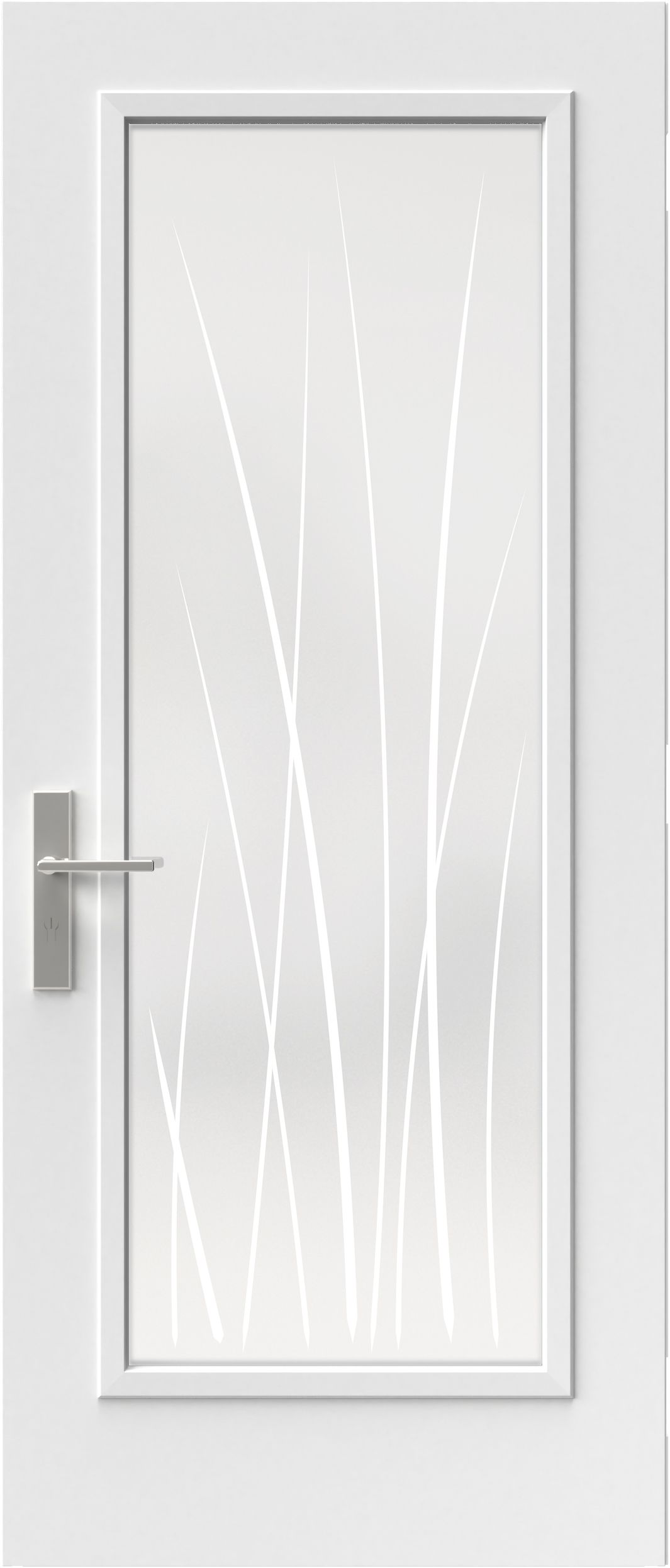 Porte blanche avec panneau en verre dépoli orné de fines lignes verticales blanches.