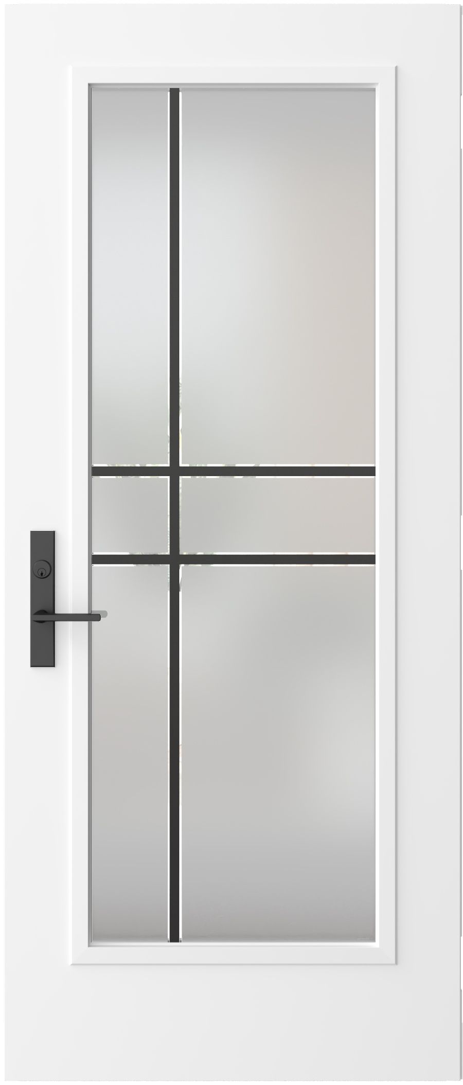 Porte blanche avec verre dépoli et grille noire, poignée noire.