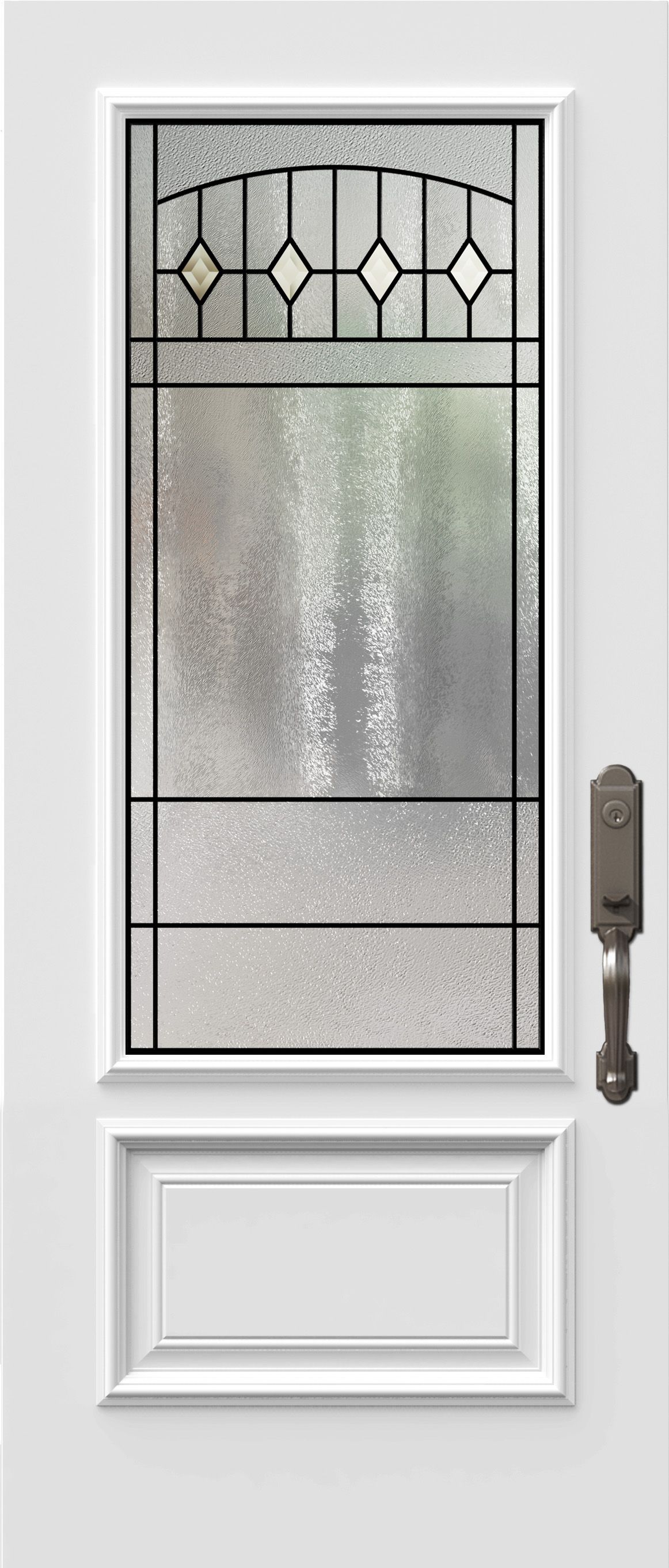 Porte d'entrée blanche avec verre dépoli et ornements décoratifs.