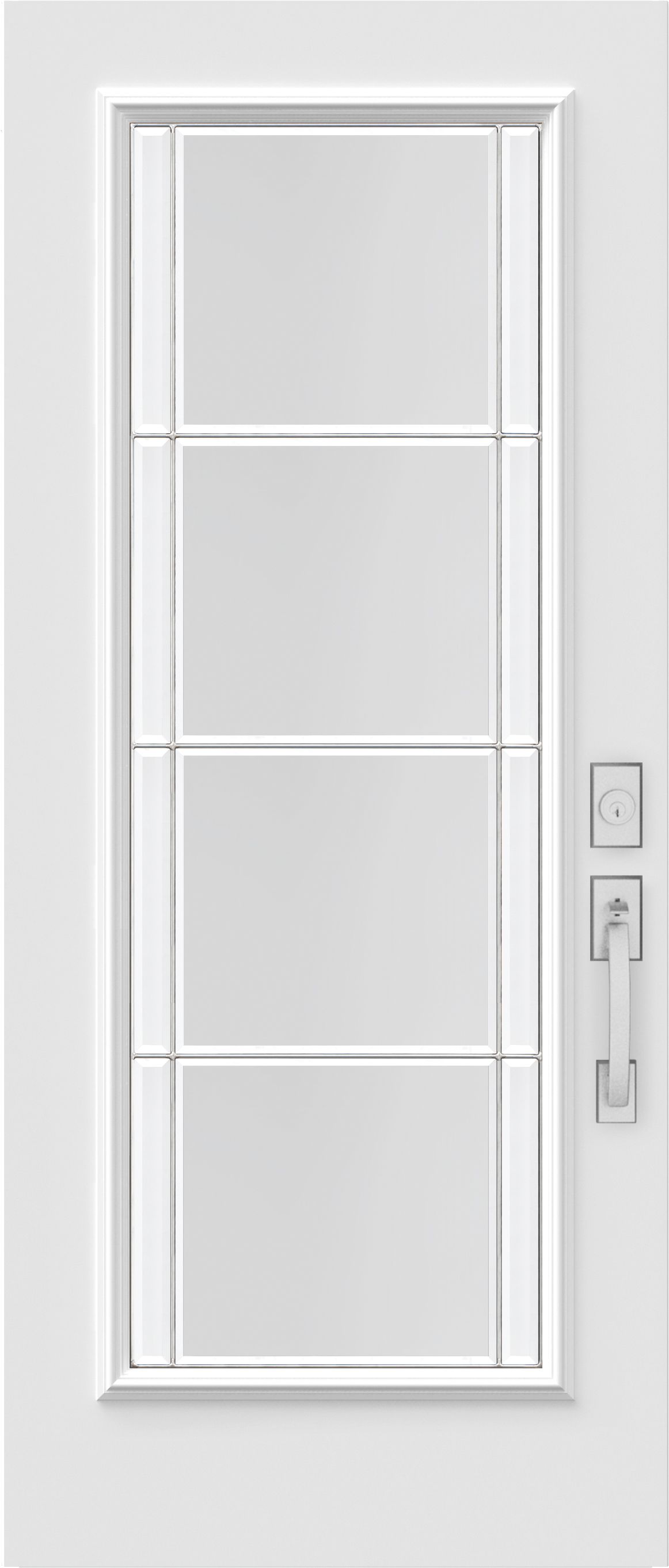 Porte d'entrée blanche avec vitres rectangulaires et quincaillerie argentée.