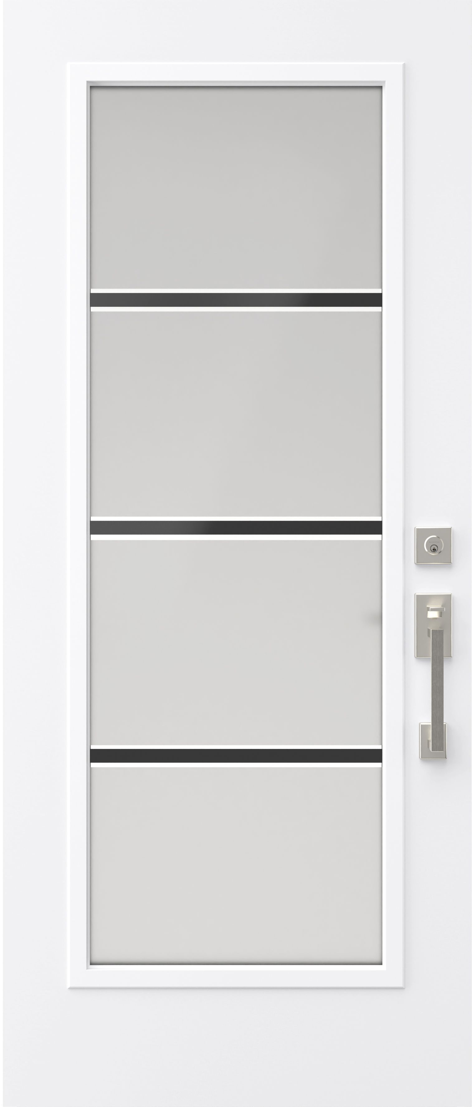 Porte d'entrée blanche avec panneaux de verre rectangulaires et lignes noires horizontales. Quincaillerie argentée.