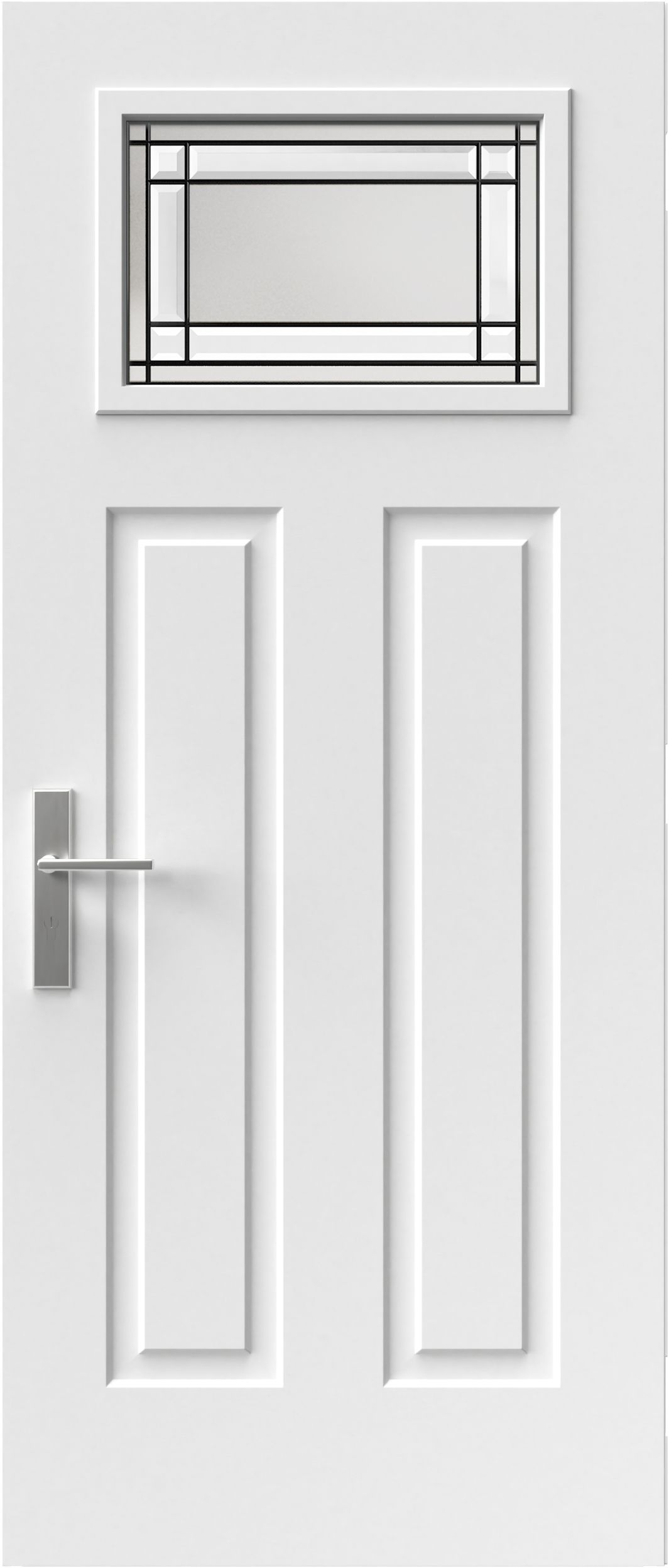 Porte d'entrée blanche avec fenêtre rectangulaire et grille noire, poignée argentée.