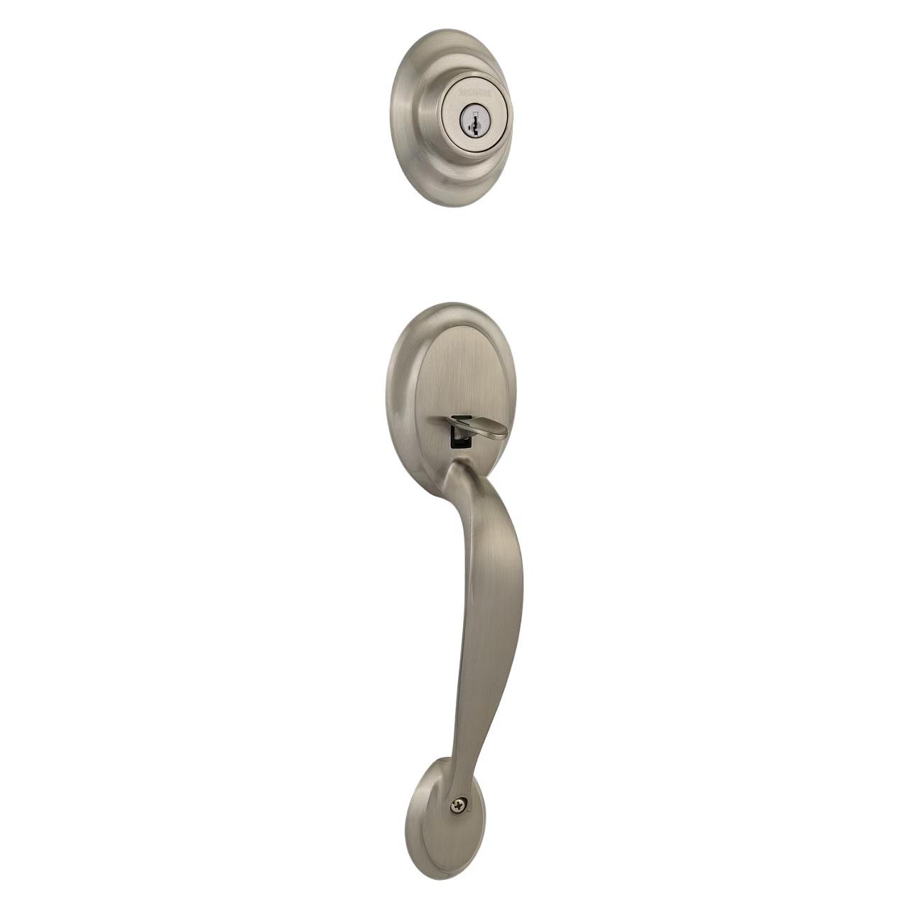 Ensemble de poignée de porte en nickel brossé : entrée à clé au-dessus d’une poignée ovale avec prise, composition verticale.