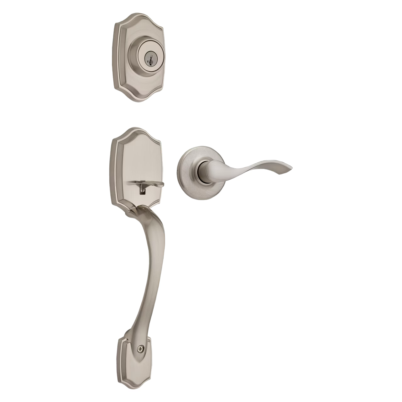 Ensemble de quincaillerie de porte en nickel satiné : serrure d’entrée à clé avec poignée et levier.