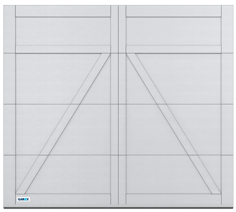 Porte de garage blanche avec panneaux géométriques et accents diagonaux.