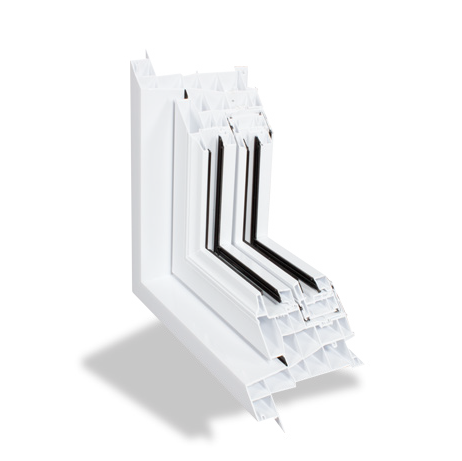 Coupe transversale d'un cadre de fenêtre en PVC blanc, montrant plusieurs chambres et joints.