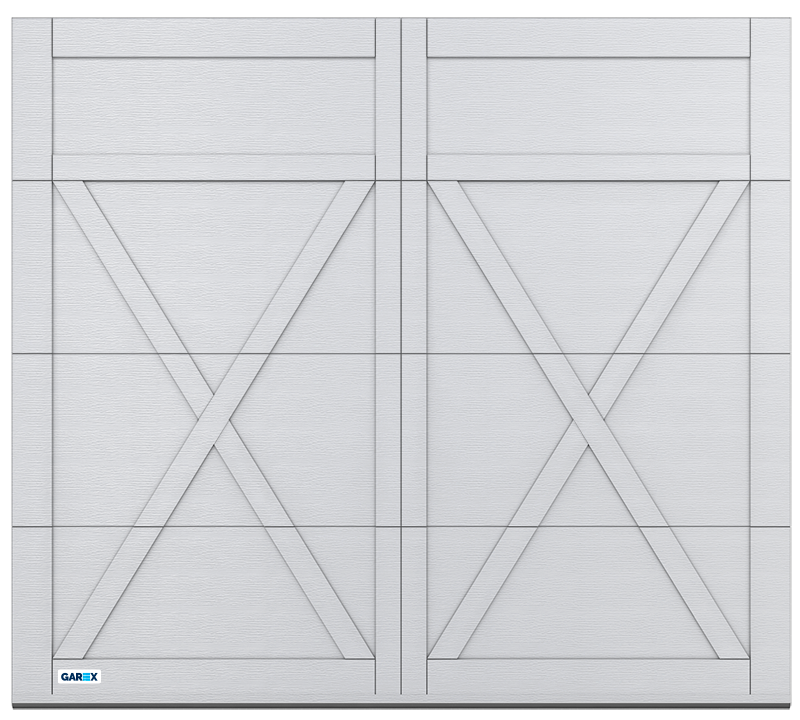 Porte de garage blanche avec un motif en forme de X.