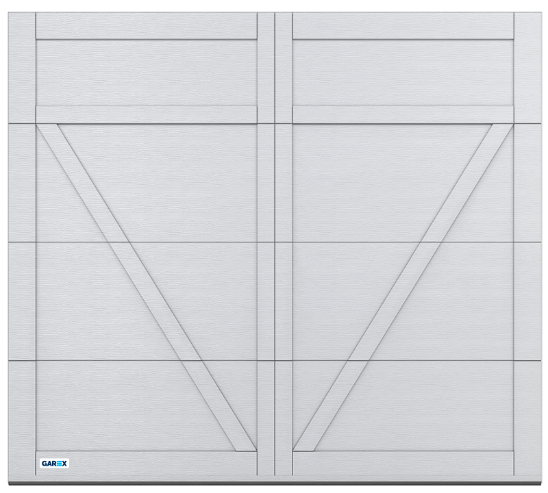 Porte de garage blanche avec panneaux verticaux et inclinés.