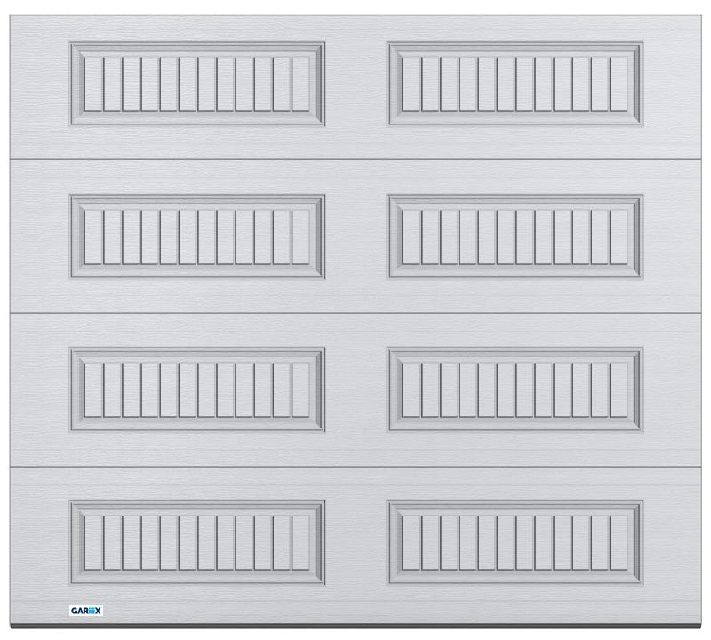 Porte de garage blanche avec panneaux vitrés rectangulaires.