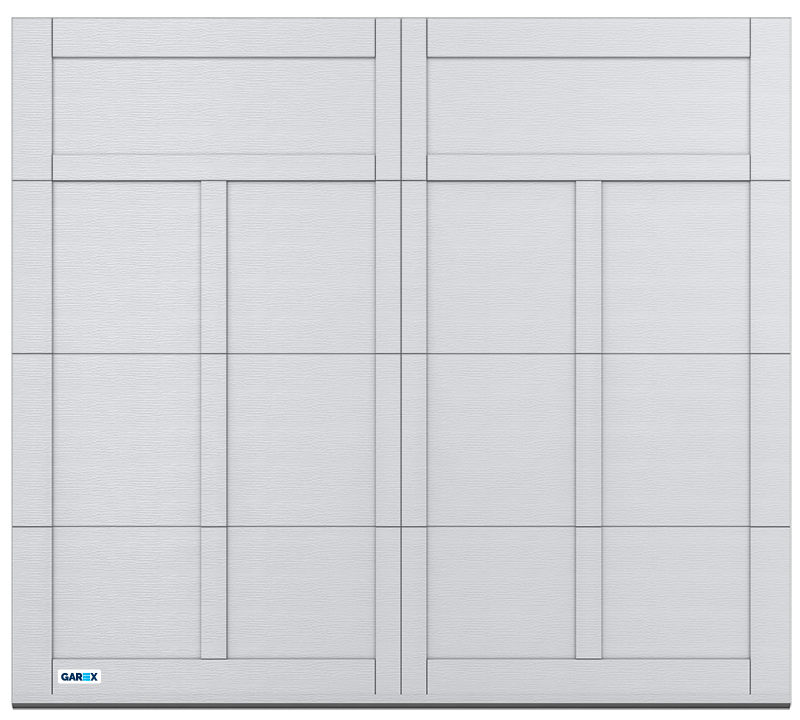 Porte de garage blanche avec panneaux rectangulaires et accents verticaux.