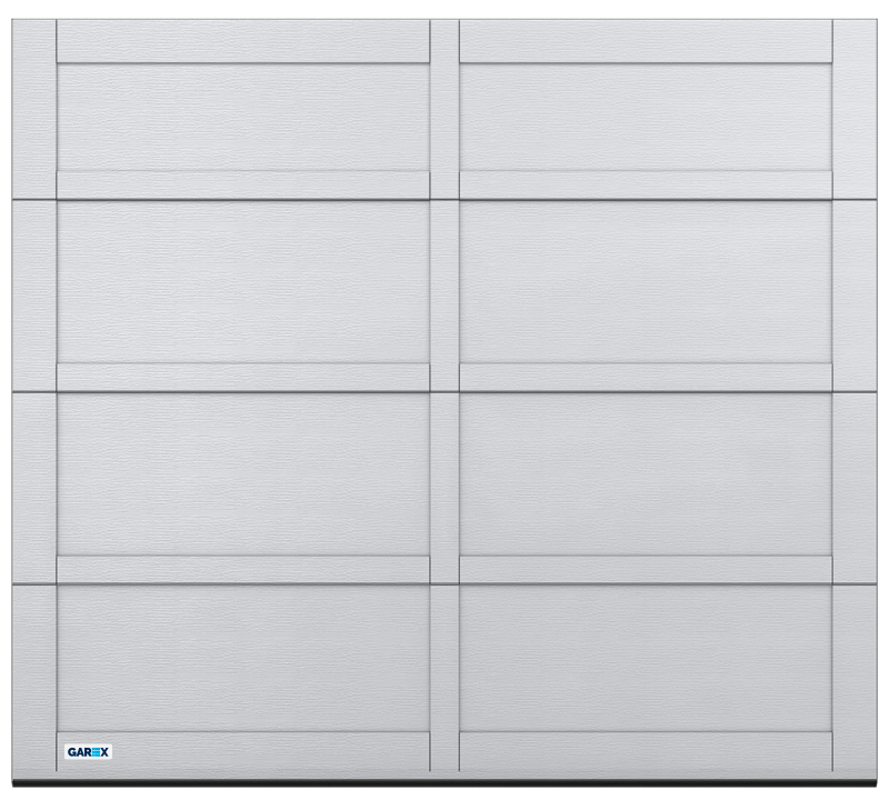 Porte de garage blanche à huit panneaux rectangulaires et lignes d'accentuation grises.