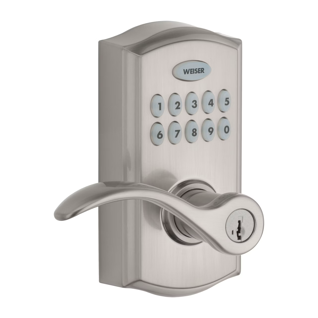 Serrure de porte à clavier argentée avec poignée et trou de serrure.