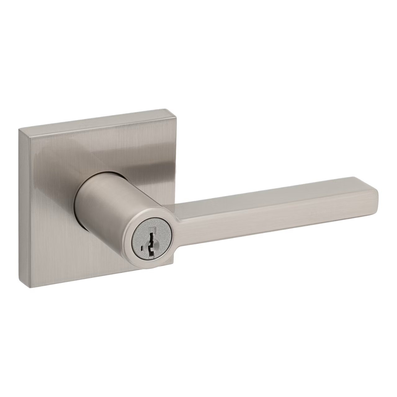 Poignée de porte en nickel brossé avec plaque arrière carrée et trou de serrure.