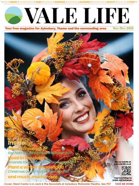 Vale life magazine cover with lady's face in the middle of an Autumn wreath.