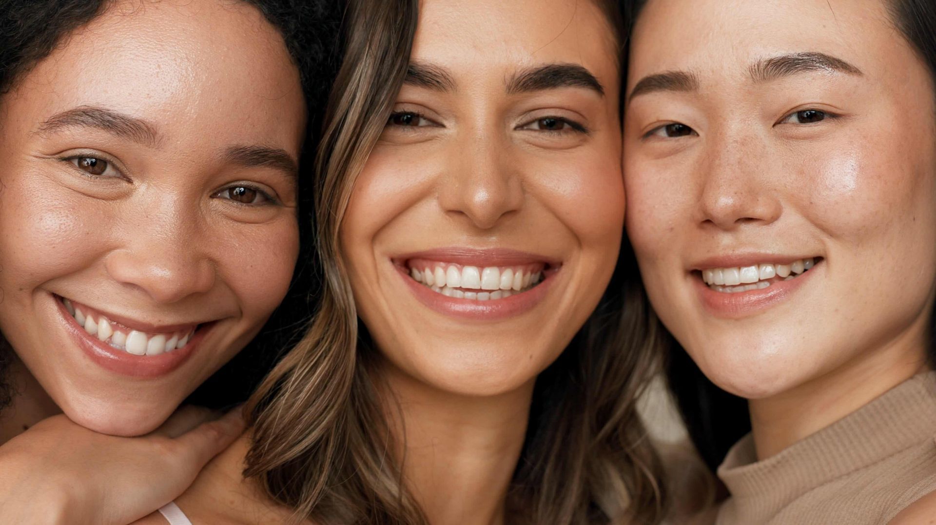 three women are smiling for the camera and looking at the camera .