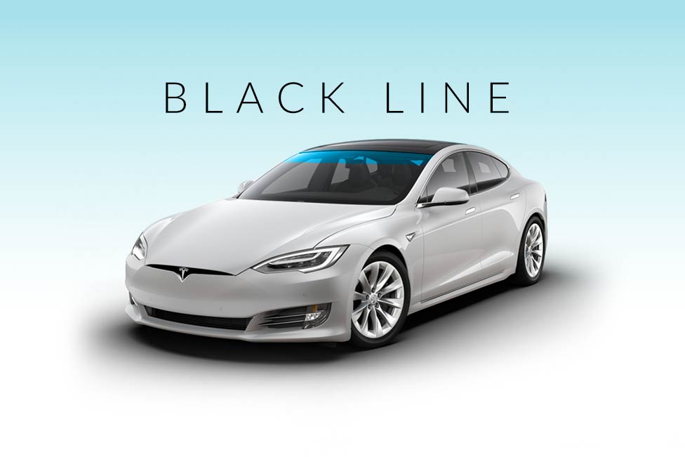 A white tesla model s with a blue windshield on a blue background.