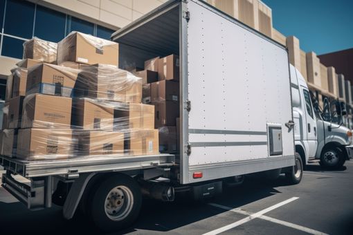 A white truck filled with boxes is parked in front of a building.