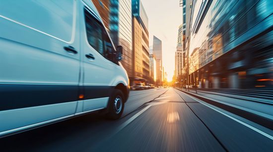 A white van is driving down a city street at sunset.