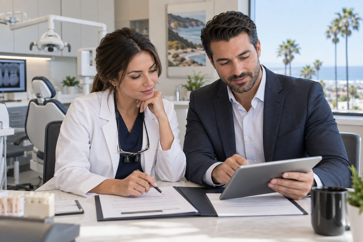 California dentist reviewing a professional liability insurance policy with a CFS Dental Division ad