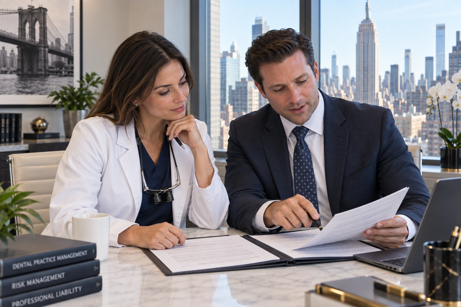 New York dentist reviewing a professional liability policy with a CFS Dental Division advisor in a M