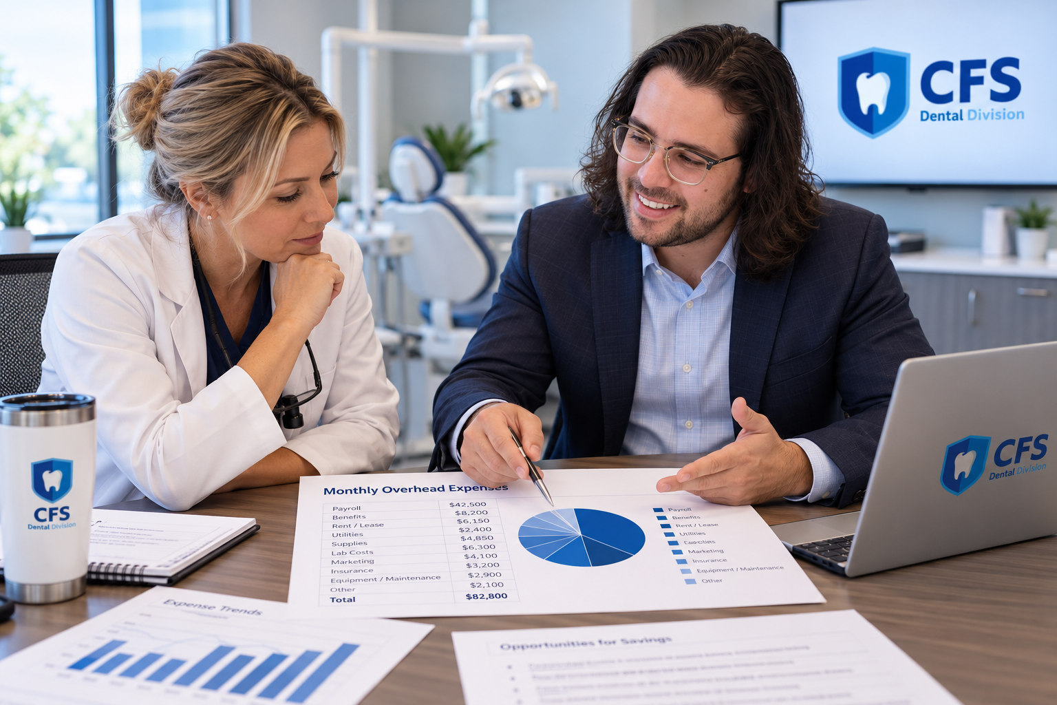 Dental practice owner reviewing practice financials and overhead expenses