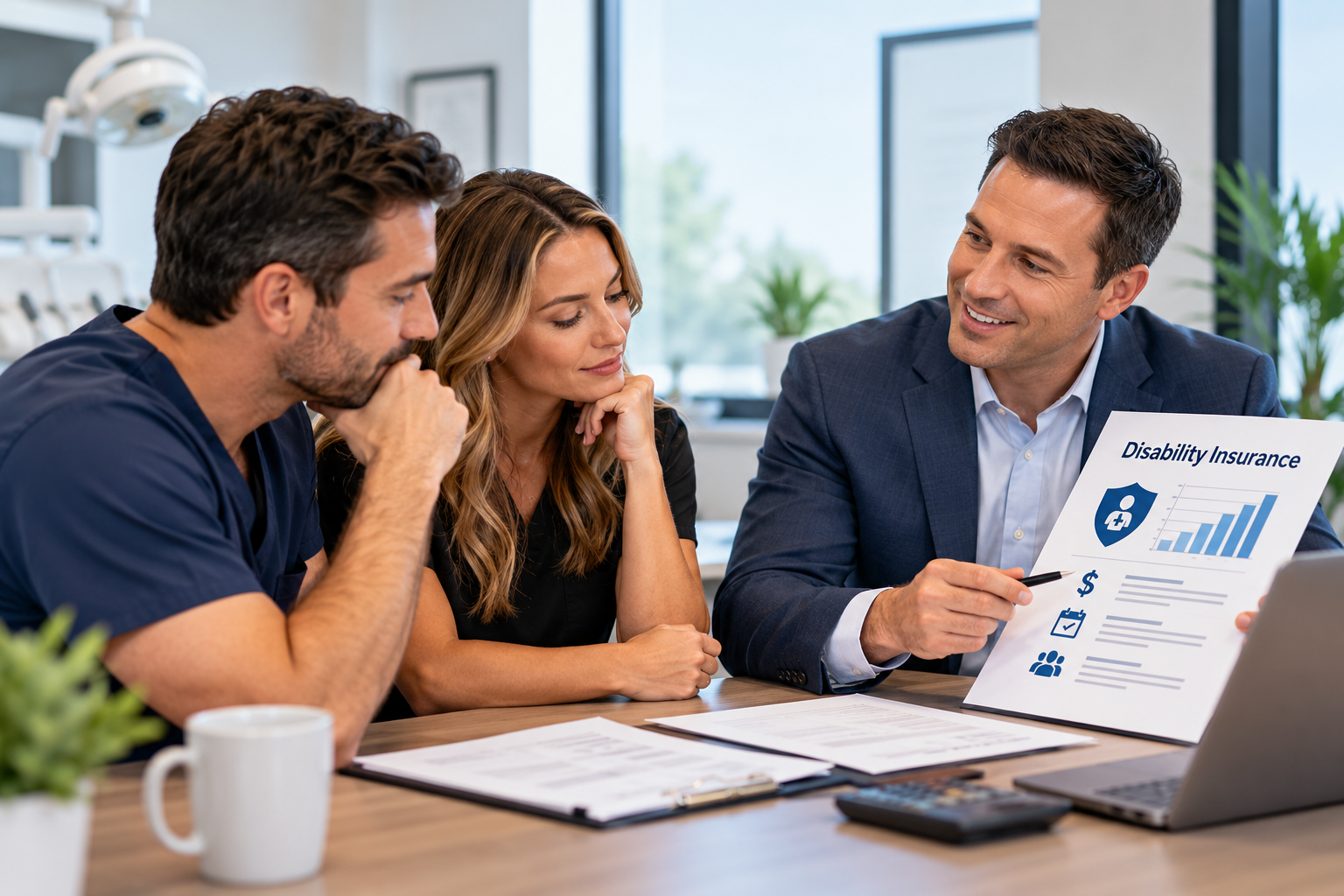 Three people reviewing charts and documents in a bright office meeting