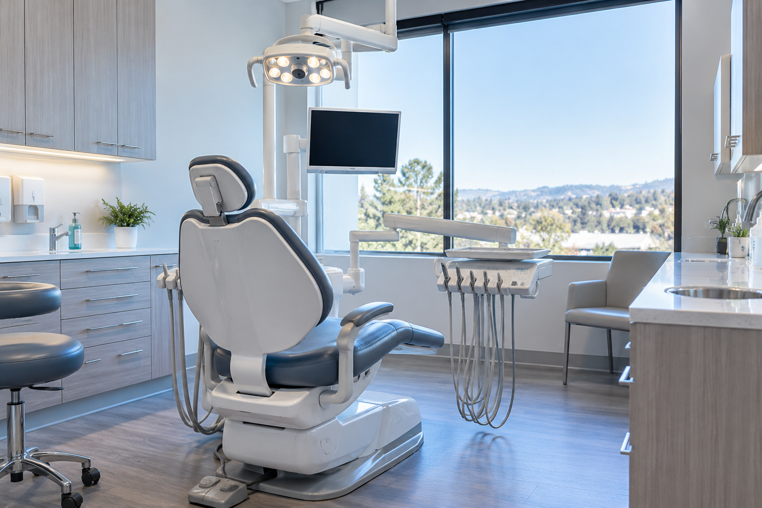 Bright dental clinic with a white patient chair, cabinets, and large window overlooking city buildings