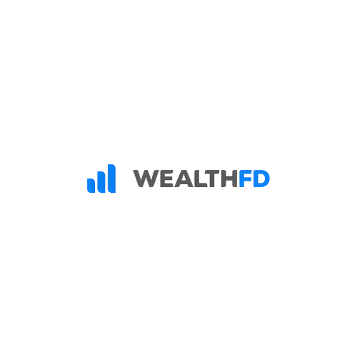 WealthFD logo with blue bar icon and gray-blue wordmark on white background